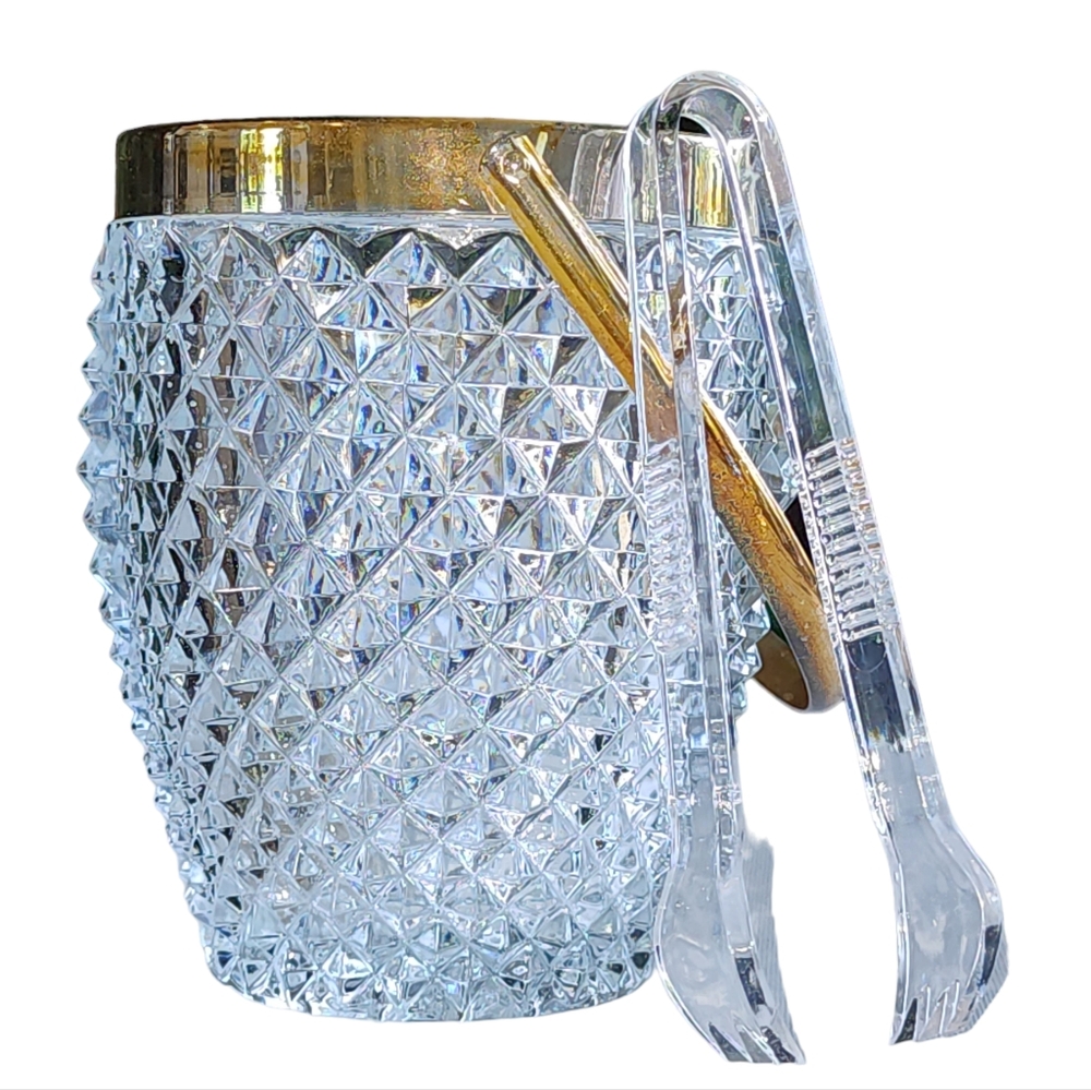 Vintage 1960s Diamond Cut Crystal Ice Bucket Gold Metal Rim and‎ Handle 26oz